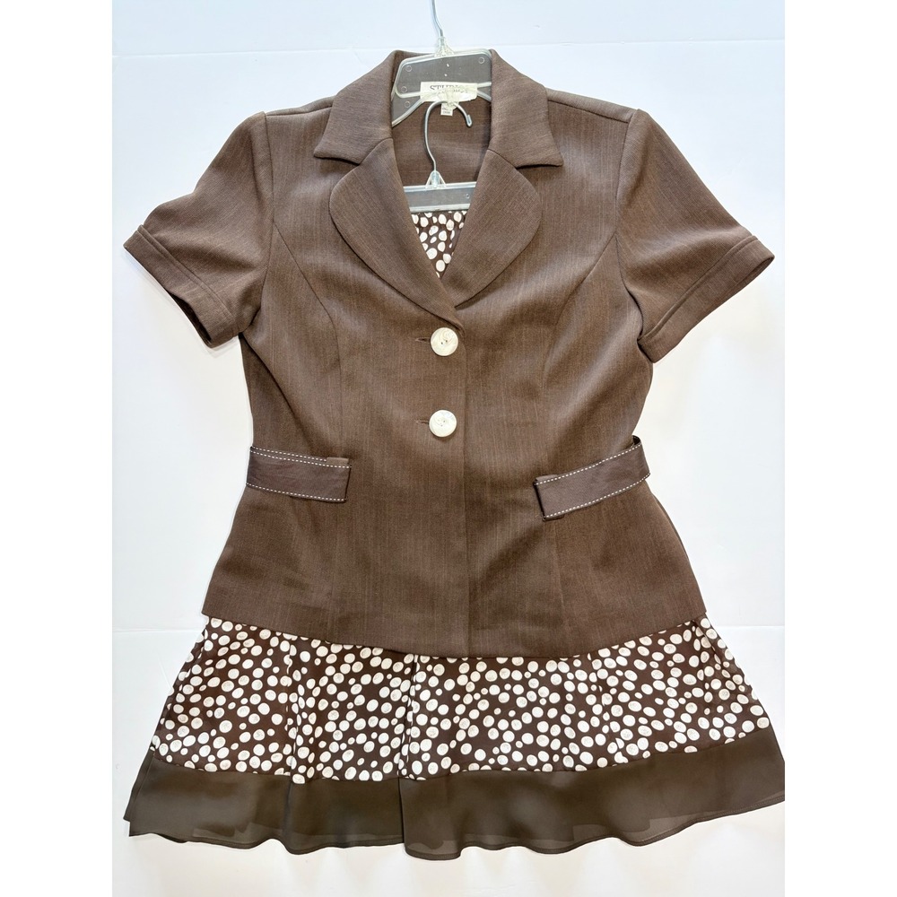 Studio I Women Skirt Suit Set Size 8 Brown Polka Dot Short Sleeve Blazer Midi